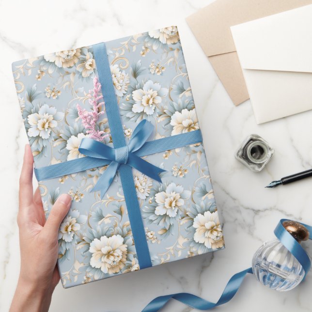 Elegant French Powder Blue, White and Gold Floral Wrapping Paper (Gifting)