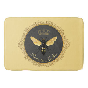 Elegant French Queen Bee Gray Gold Yellow Bath Mat