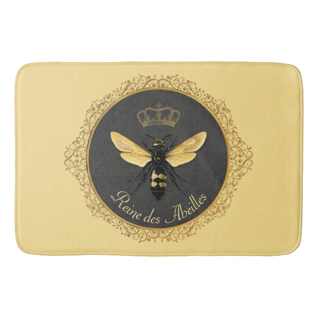 Elegant French Queen Bee Grey Gold Yellow Bath Mat (Front)