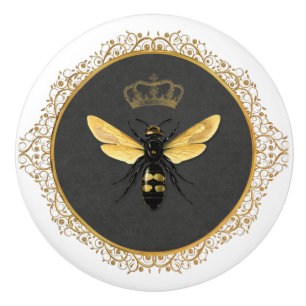 Elegant French Queen Bee Grey Gold Yellow Ceramic Knob