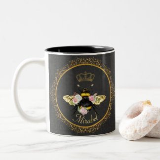 Elegant French Queen Bee Pink Roses Grey Gold Two-Tone Coffee Mug