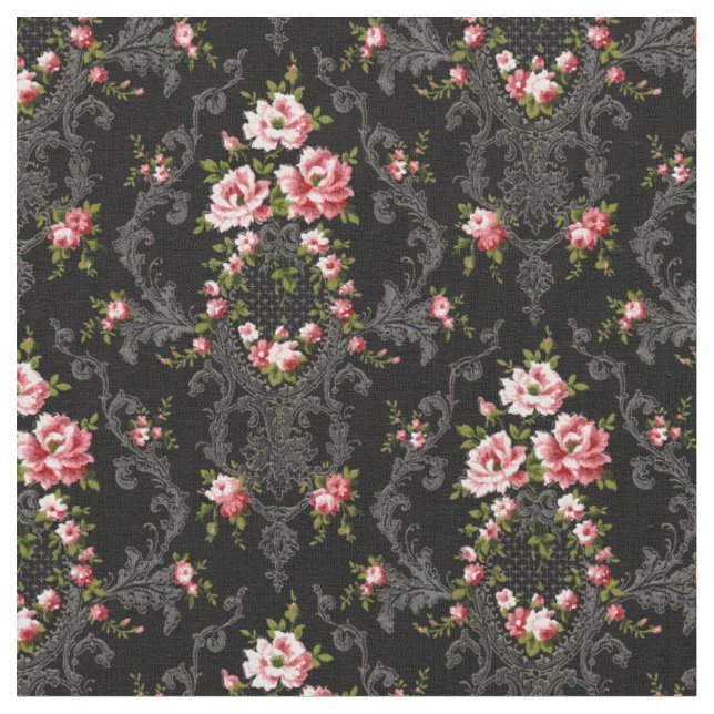 Elegant French Rococo Floral-Black Background Fabric (Close Up)