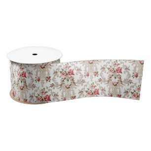 Elegant French Rococo Floral-White Background Satin Ribbon