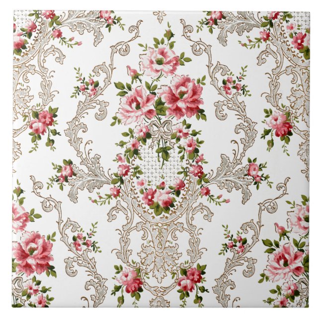 Elegant French Rococo Floral-White Background Tile (Front)