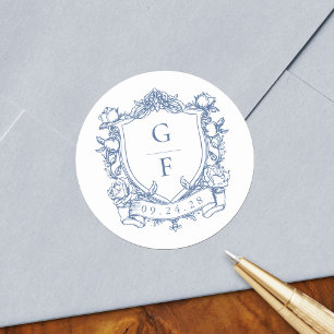 Elegant French Roses Blue Monogram Crest Wedding Classic Round Sticker