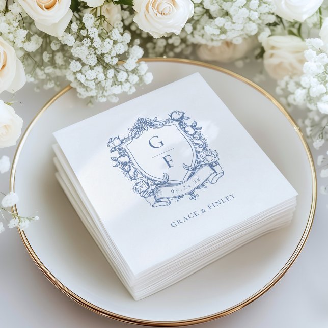 Elegant French Roses Blue Monogram Crest Wedding Napkin (Creator Uploaded)