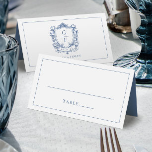 Elegant French Roses Blue Monogram Crest Wedding Place Card