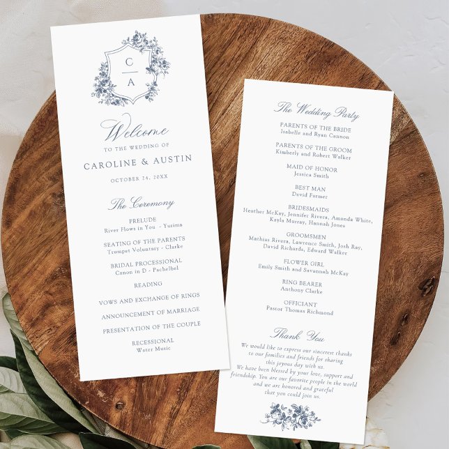 Elegant French Roses Dusty Blue Crest Wedding Programme (Creator Uploaded)