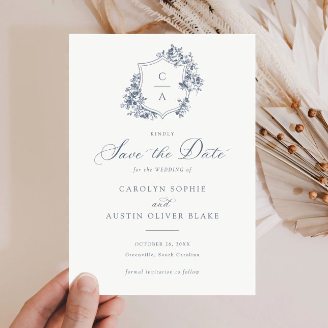 Elegant French Roses Floral Blue Crest Save Date Invitation (Creator Uploaded)