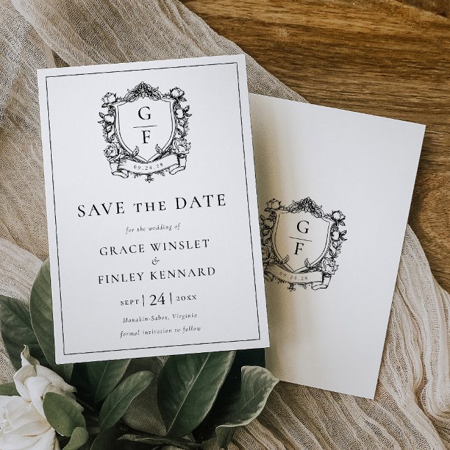 Elegant French Roses Floral Monogram Crest Wedding Save The Date (Creator Uploaded)