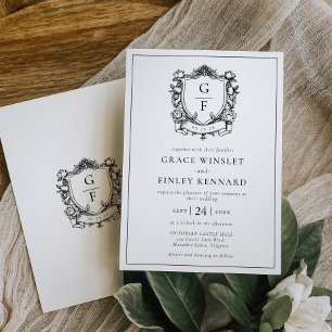 Elegant French Roses Monogram Crest Wedding Invitation