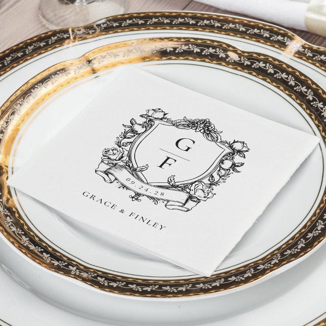 Elegant French Roses Monogram Crest Wedding Napkin (Creator Uploaded)