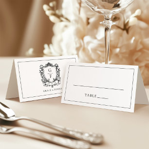 Elegant French Roses Monogram Crest Wedding Place Card