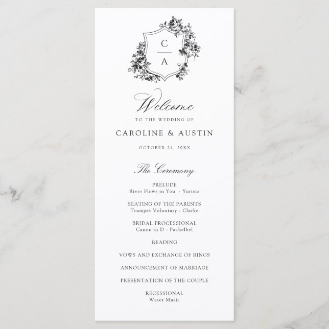 Elegant French Roses Vintage Crest Wedding Programme (Front)