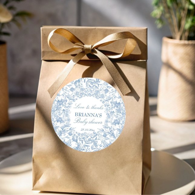 Elegant French toile blue baby shower favour Classic Round Sticker (Elegant French toile dusty blue boy baby shower thank you favor Sticker template botanical favor)