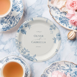 Elegant French toile Blue Floral Wedding Paper Plate