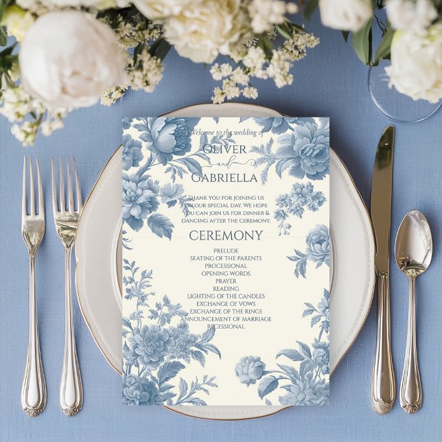 Elegant French toile Blue Floral Wedding Programme (Creator Uploaded)