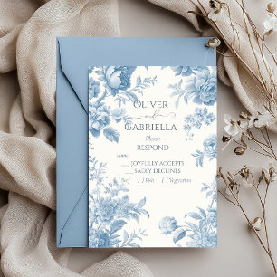 Elegant French toile Blue Floral Wedding RSVP Card