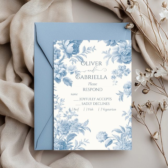 Elegant French toile Blue Floral Wedding RSVP Card (Creator Uploaded)