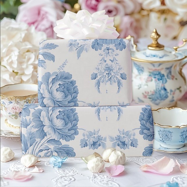 Elegant French toile Blue Floral Wedding Wrapping Paper (Creator Uploaded)
