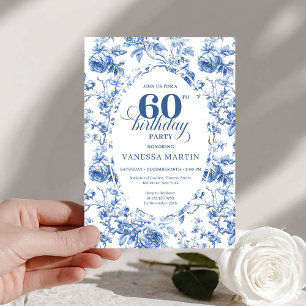 Elegant French Toile Blue Roses 60th Birthday Invitation