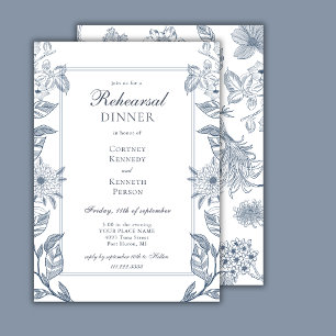 Elegant French Toile Dusty Blue Rehearsal Dinner Invitation