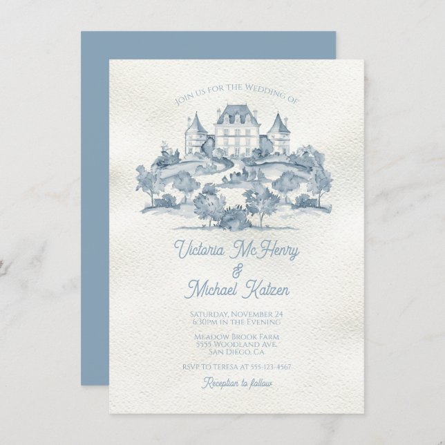 Elegant French Toile Floral chateau Wedding Invitation (Front/Back)