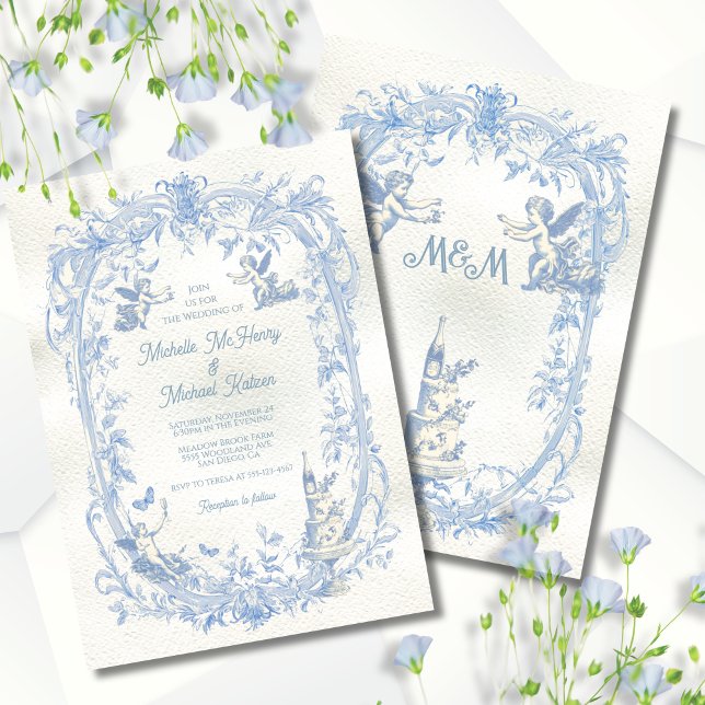 Elegant French Toile Floral cupid angel Wedding Invitation (Creator Uploaded)