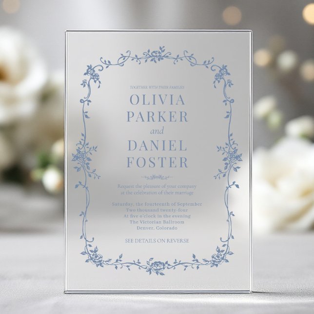 Elegant French Victorian Dusty Blue Wedding  Acrylic Invitations (Creator Uploaded)