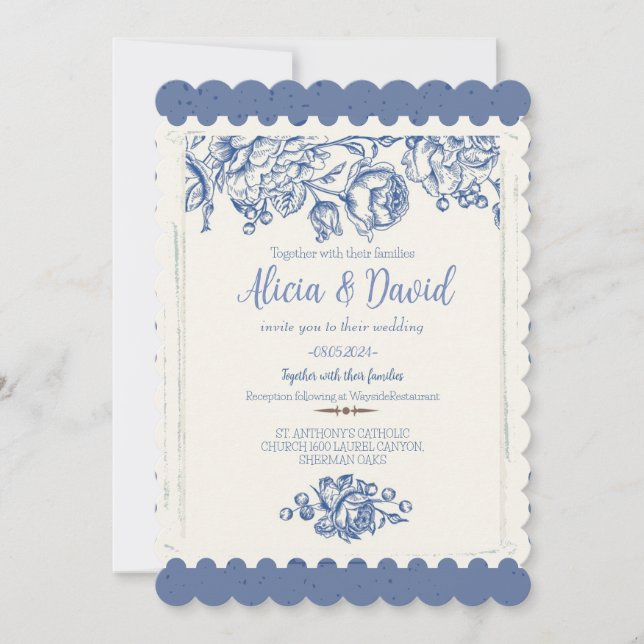 Elegant French Vintage Blue Floral Wedding Invitation (Front)