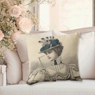 Elegant French Women in a Peacock Hat Vintage Cushion