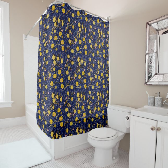 Elegant Fresh Blue Lemon vines pattern Shower Curtain (In Situ)