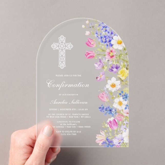 Elegant Fresh Meadow Flowers Arch Confirmation Acrylic Invitations (Insitu (Handheld))