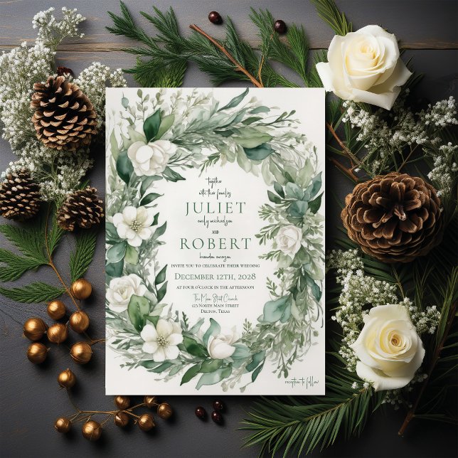 Elegant Fresh Winter Floral Foliage Circle Wedding Invitation (Creator Uploaded)