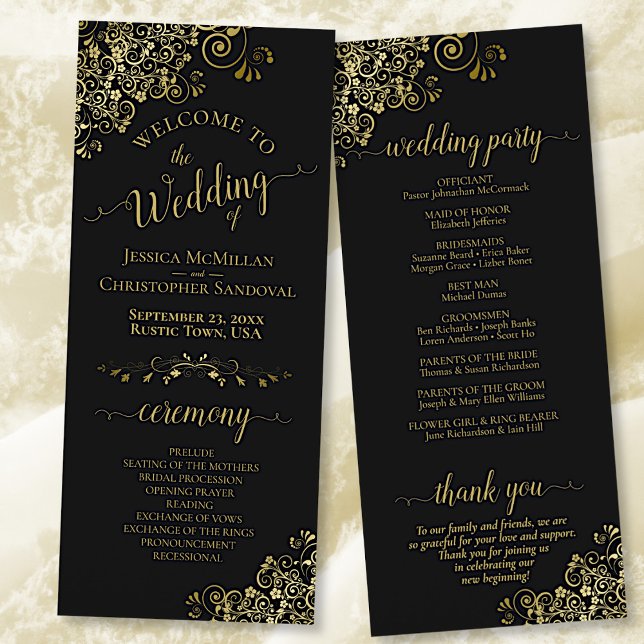 Elegant Frilly Ornate Black & Gold Wedding Programme (Creator Uploaded)