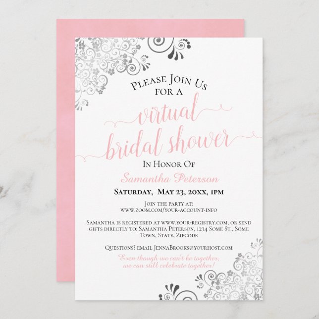 Elegant Frilly Pink & White Virtual Bridal Shower Invitation (Front/Back)