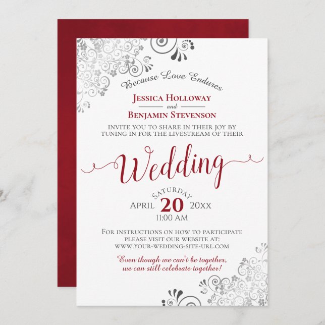 Elegant Frilly Red on White Wedding Livestream Invitation (Front/Back)