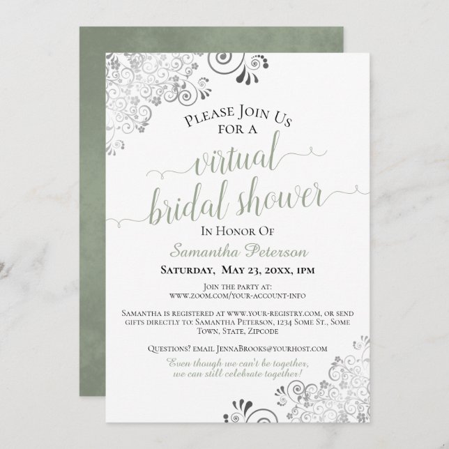Elegant Frilly Sage on White Virtual Bridal Shower Invitation (Front/Back)