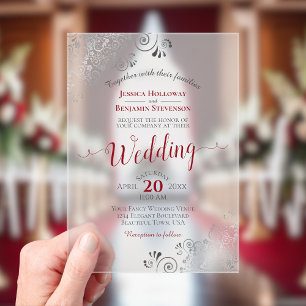 Elegant Frilly Silver with Red Calligraphy Wedding Acrylic Invitations