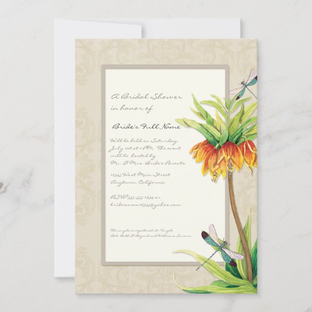 Elegant Fritillaria n Dragonfly Bridal Shower Invitation (Front)