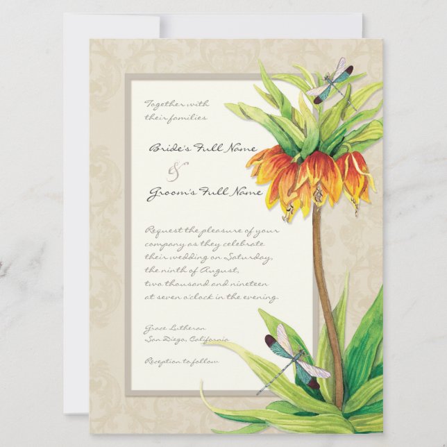 Elegant Fritillaria n Dragonfly Wedding Invitation (Front)