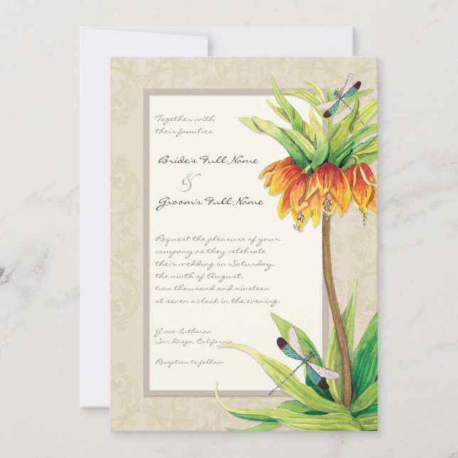 Elegant Fritillaria n Dragonfly Wedding Invitation (Front)