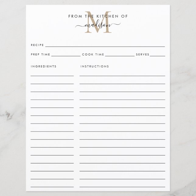 Elegant From the Kitchen of Gold Monogram Recipe (Front)