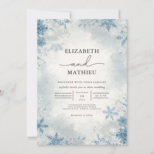 Elegant Frost Blue Winter Botanical Wedding Invitation (Front)