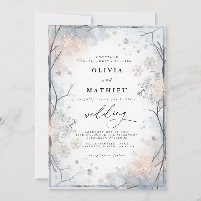 Elegant Frost Blue Winter Floral Wedding Invitation (Front)