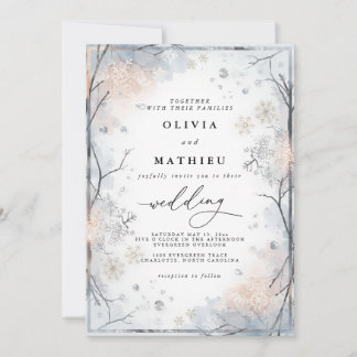 Elegant Frost Blue Winter Floral Wedding Invitation