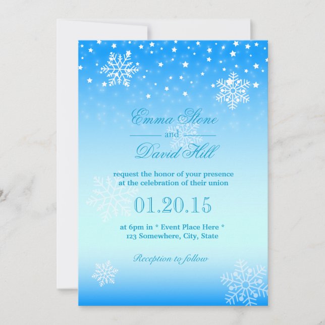 Elegant Frozen Winter Snowflakes Blue Wedding Invitation (Front)