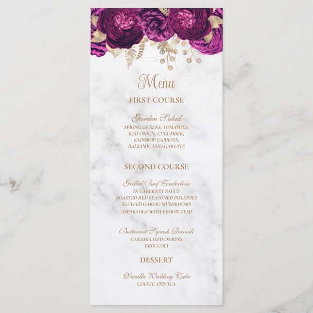 Elegant Fuchsia Floral Gold Marble Wedding Menu (Front)