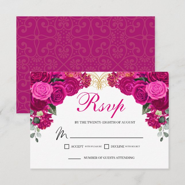 Elegant Fuchsia Gold Floral RSVP Enclosure Card (Front/Back)