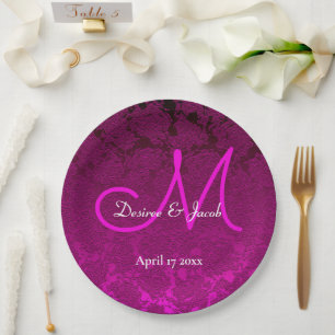 Elegant Fuchsia Hot Pink White Wedding Monogram Paper Plate